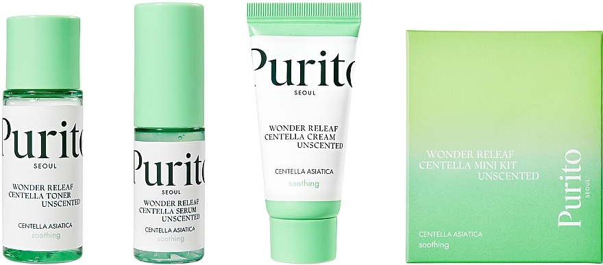 Gesichtspflegeset ohne Geruch - Purito Centella Unscented Mini Kit (Gesichtstonikum 30ml + Gesichtsserum 15ml + Gesichtscreme 12ml) — Bild N1