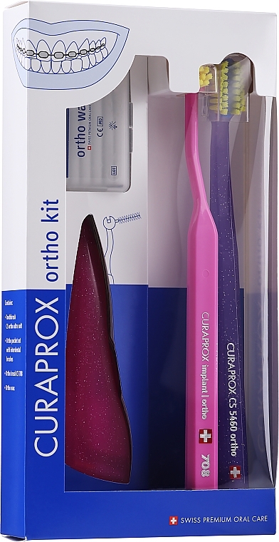 Zahnpflegeset für Spangenträger Variante 4 (rosa, violett) - Curaprox Ortho Kit (Zahnbürste 1St. + Interdentalbürsten 07,14,18 mit Plastikhalter 3 St. + Einbüschelbürste 1St. + Ortho-Wachs 1St.) — Bild N1