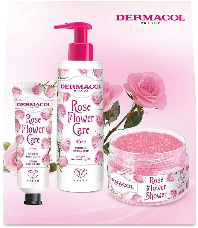 Körperpflegeset - Dermacol Rose Flower Care Set (Handcreme 30ml + Creme-Seife 250ml + Körperpeeling 200g) — Bild N1