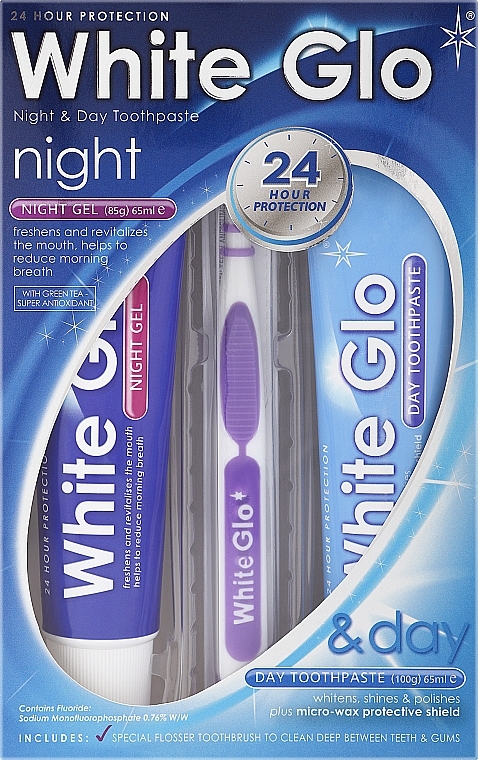 Set - White Glo Night & Day Toothpaste (Zahnpasta 65ml + Zahngel 65ml + Zahnbürste) — Bild N1