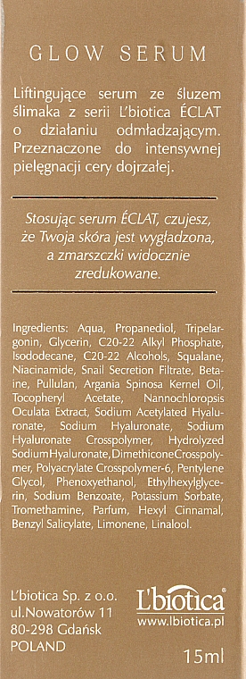 Gesichtsserum mit Schneckenschleim, Hyaluronsäure und Lifting-Komplex - L'biotica Eclat Glow Serum Lifting Face Serum — Bild N3