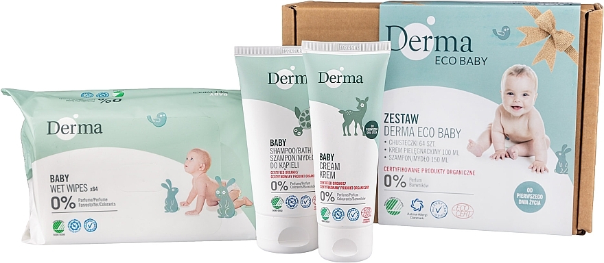 Körperpflegeset für Babys - Derma Eco Baby (Creme 100ml + Shampoo-Seife 150ml + Feuchttücher 64 St.)  — Bild N1