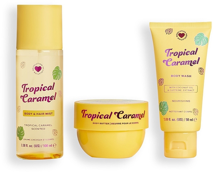 Set - I Heart Revolution Tropical Caramel Nourishing Set (Duschgel/50 ml + Körpercreme/68 g + Körpernebel/100 ml) — Bild N2