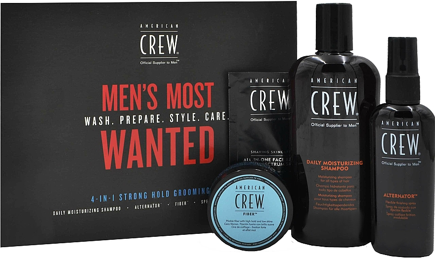 Haarpflegeset - American Crew Men's Most Wanted Strong Hold (Shampoo 250ml + Haarpaste 50g + Haarspray 100ml + Gesichtsbalsam 7.4ml) — Bild N1