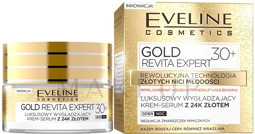 Glättendes Creme-Serum gegen Mimikfalten mit 24 Karat Gold 30+ - Eveline Cosmetics Gold Revita Expert 30+ — Bild 50 ml