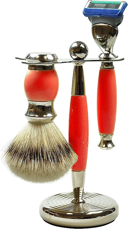 Set - Golddachs Pure Badger, Fusion Polymer Red Chrom (sh/brush + razor + stand) — Bild N1