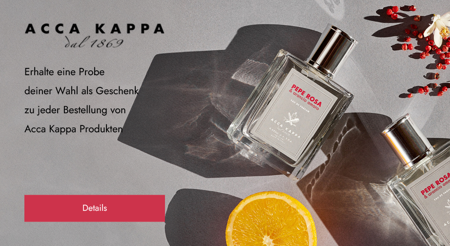 Bei jedem Kauf von Acca Kappa Produkten erhältst du eine Gratisprobe deiner Wahl: ein Eau de Cologne 1869, ein Eau de Cologne White Moss, Jasmine & Water Lily Eau de Parfum