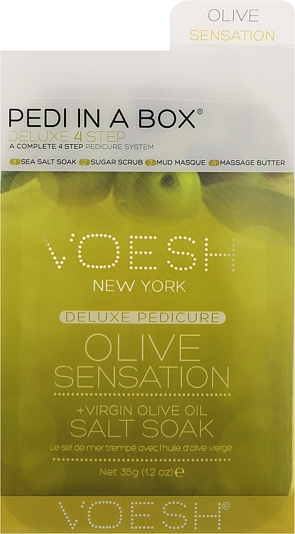 4-stufige Olive Sensation Fußpflege - Voesh Deluxe Pedicure Olive Sensation In A Box 4in1 (1. Meer Badesalz, 2. Zuckerpeeling, 3. Schlammmaske, 4. Massagebutter)(35 g) — Bild N1