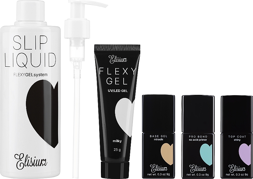 Nagelpflegeset - Elisium Starter Flexy Gel (Nagel-Primer 8ml + UV/ Nagelgel 9g + Nagelüberlack 9g + Nagelgel 25g + Flüssigkeit für Nagelstyling 300ml) — Bild N1