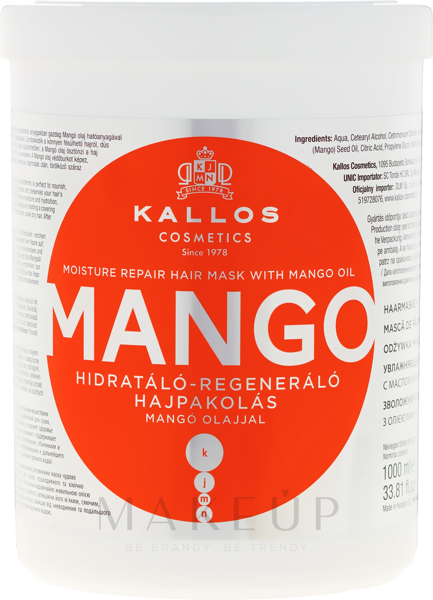 Feuchtigkeitsspendende und regenerierende Haarmaske mit Mango - Kallos Cosmetics Mango — Bild 1000 ml