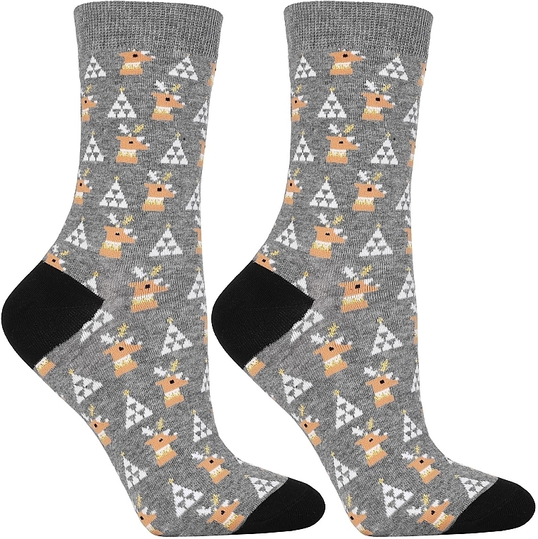 Damensocken mit Weihnachts-Hirsch-Muster, CSLS250-018, grau-schwarz  - Moraj — Bild N2