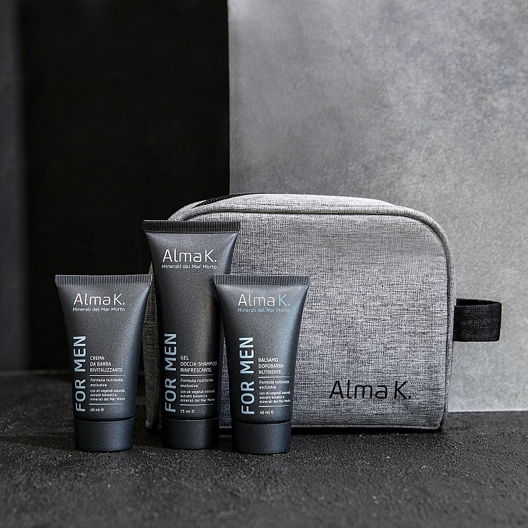 Reiseset für Männer - Alma K. Recharge Travel Kit For Men (Duschgel 75ml + After Shave Balsam 40ml + Shampoo-Balsam 40ml + Kosmetiktasche) — Bild N2