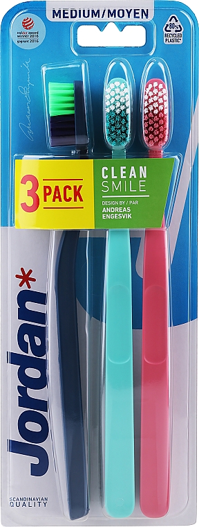 Zahnbürste mittel dunkelblau, hellgrün, rosa 3 St. - Jordan Clean Smile Medium — Bild N1