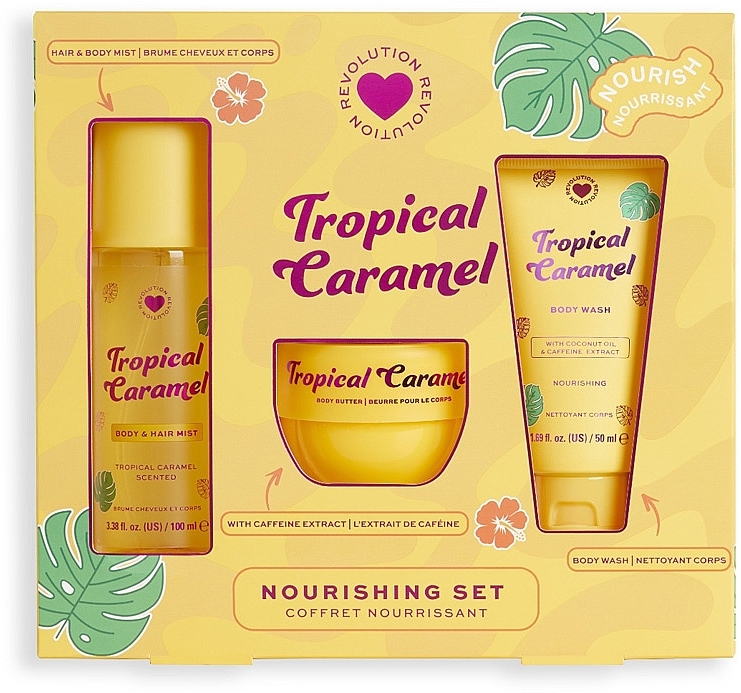 Set - I Heart Revolution Tropical Caramel Nourishing Set (Duschgel/50 ml + Körpercreme/68 g + Körpernebel/100 ml) — Bild N1