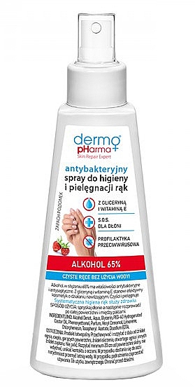 Antibakterielles Spray zur Pflege und Hygiene der Hände mit Erdbeere - Dermo Pharma Antibacterial Spray Alkohol 65% — Bild N1