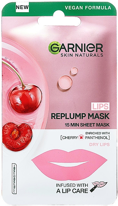 Tuchmaske zur Befeuchtung und Regeneration trockener Lippen mit Kirschextrakt und Provitamin B5 - Garnier Skin Naturals — Bild N1