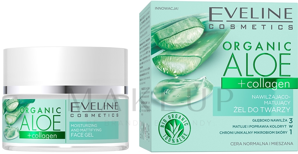 Feuchtigkeitsspendendes und mattierendes Gesichtsgel mit Aloe und Kollagen für normale und Mischhaut - Eveline Cosmetics Organic Aloe + Collagen — Bild 50 ml