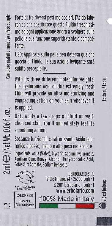 GESCHENK! Serum-Fluid für das Gesicht - L'Erbolario Hyaluronic Acid Triple Action Face Fluid (Probe)  — Bild N2