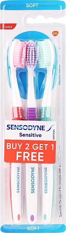 Zahnbürsten-Set, 3 Stück, rot + lila + grün - Sensodyne Sensitive Toothbrush 2+1 Pack — Bild N1