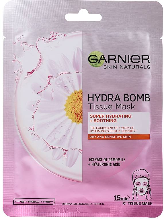 Intensiv feuchtigkeitsspendende und beruhigende Tuchmaske für das Gesicht mit Kamillenextrakt und Hyaluronsäure - Garnier Skin Naturals Hydra Bomb Tissue Mask Camomile — Bild N3