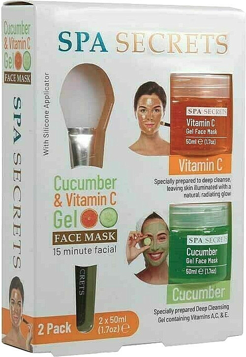 Gesichtspflegeset - Spa Secrets Cucumber & Vitamin C Gel Face Mask (Gesichtsmaske 60ml + Gesichtsmaske 60ml + Pinsel zum Auftragen von Masken 1St.)