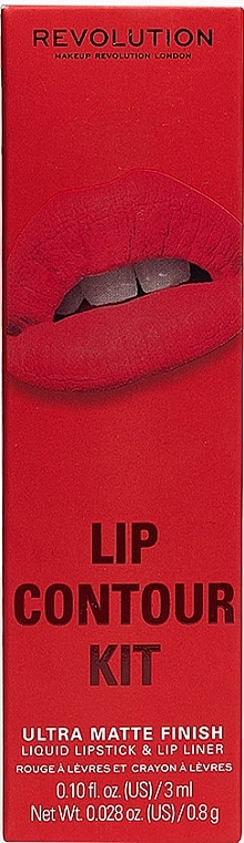 Makeup Revolution Lip Contour Kit Sassy Red (Flüssiger Lippenstift 3ml + Lippenkonturenstift 0.8g) - Lippenset — Bild N1