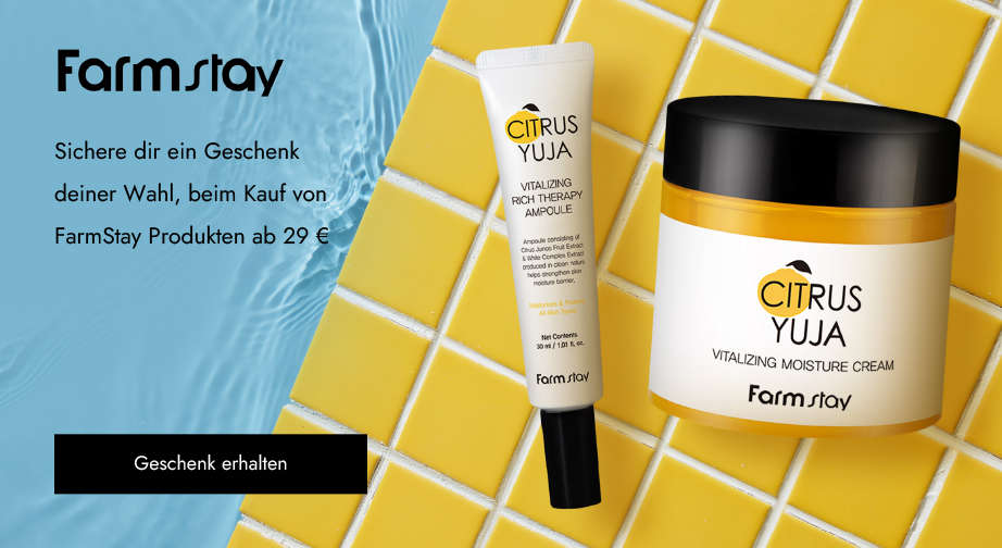 Beim Kauf von FarmStay-Produkten ab 29 € erhältst du ein Produkt von der Citrus Yuja Serie als Geschenk deiner Wahl