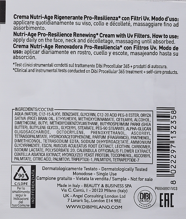 GESCHENK! Pflegende präbiotische Gesichtscreme mit UV-Filtern - DIBI Milano Procellular 365 Nutri-Age Pro-Resilience Renewing Cream With Uv Filters (sample)  — Bild N1