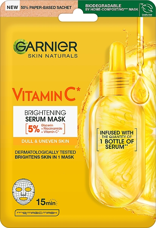 Intensiv feuchtigkeitsspendende und aufhellende Tuchmaske für das Gesicht mit Vitamin C und Hyaluronsäure - Garnier Skin Naturals Vitamin C Super Hydrating Sheet Mask — Bild N1
