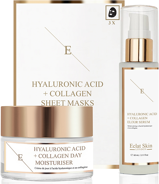 Gesichtspflegeset - Eclat Skin London Hyaluronic Acid & Collagen (Tagescreme 50ml + Gesichtsserum 60ml + Tuchmaske 3St.) — Bild N1
