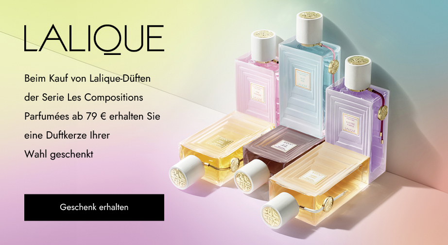 Beim Kauf von Lalique-Düften der Serie Les Compositions Parfumées ab 79 € erhalten Sie eine Duftkerze Ihrer Wahl geschenkt: Pink Paradise oder Sweet Amber.