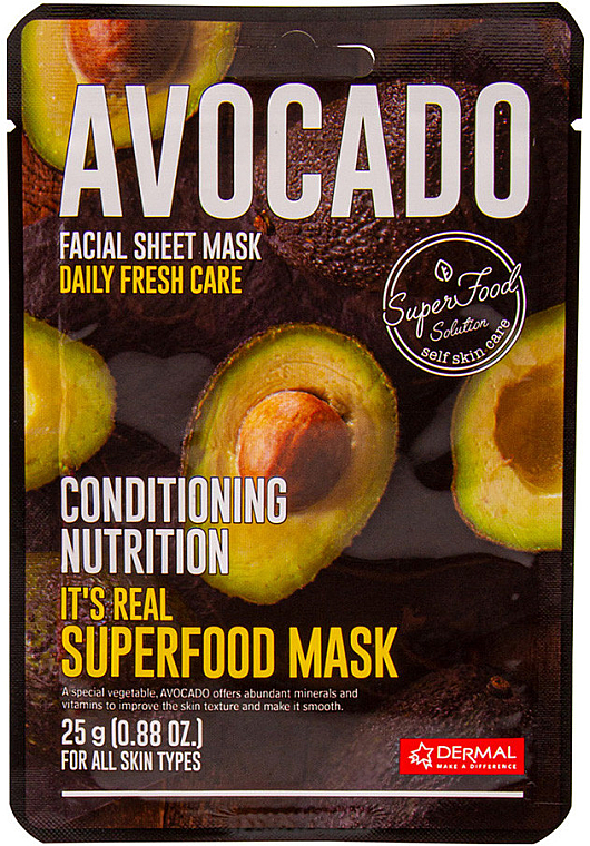 Nährende Anti-Aging Tuchmaske für das Gesicht mit Avocado - Dermal It's Real Superfood Avocado Facial Mask — Bild N1