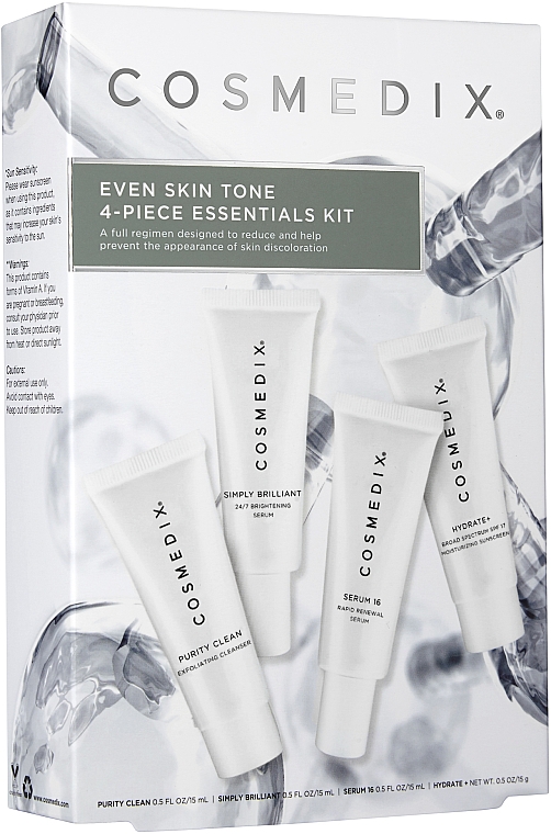 Gesichtspflegeset - Cosmedix Even Skin Tone 4-Piece Essentials Kit (Schonendes Reinigungsmittel 15ml + Gesichtsserum 15ml + Gesichtsserum 15ml + Gesichtscreme 15ml) — Bild N1