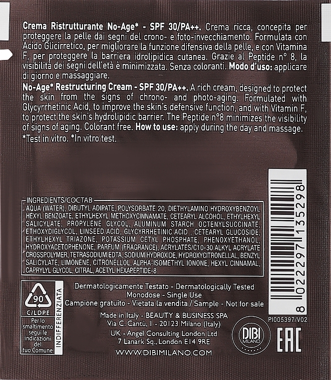 GESCHENK! Restrukturierende Anti-Aging-Gesichtscreme - DIBI Milano Acid Infusion No-Age Restructuring Cream SPF30 (Probe)  — Bild N2