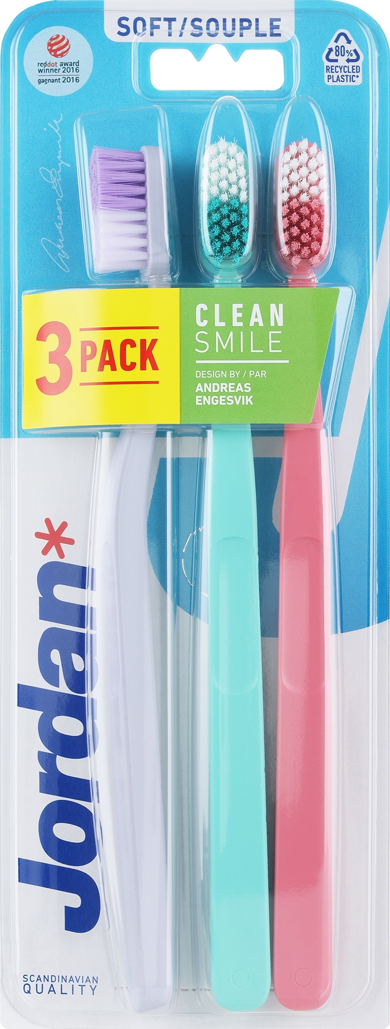 Zahnbürsten, weich, grau + mint + pink - Jordan Clean Smile Soft — Bild 3 St.