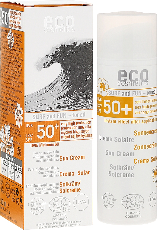 Wasserfeste Sonnenschutzcreme mit Granatapfel und Macadamia für empfindliche Haut 50+ - Eco Cosmetics Surf & Fun Extra Waterproof Sunscreen SPF 50+ — Bild N1