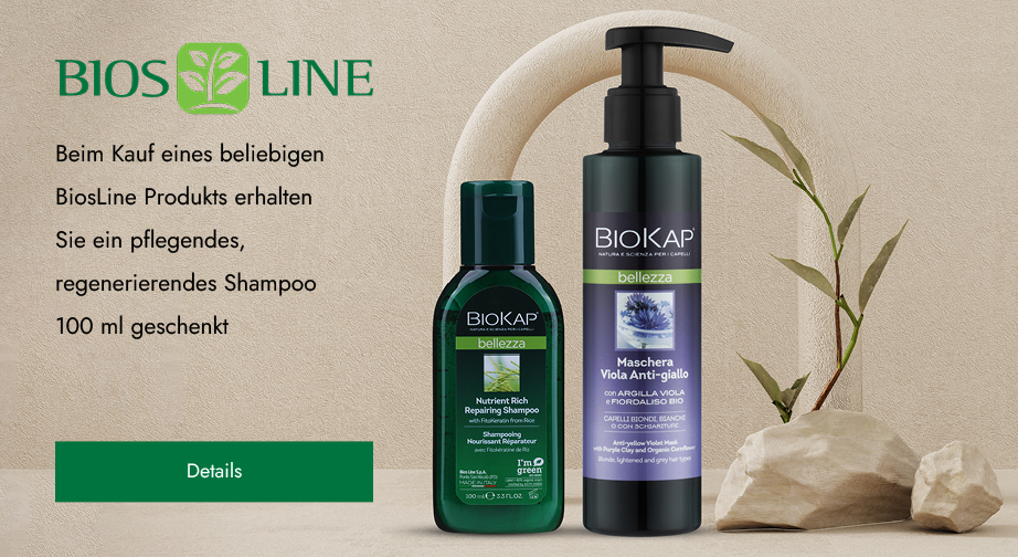 Beim Kauf eines beliebigen BiosLine Produkts erhalten Sie ein pflegendes, regenerierendes Shampoo 100 ml geschenkt