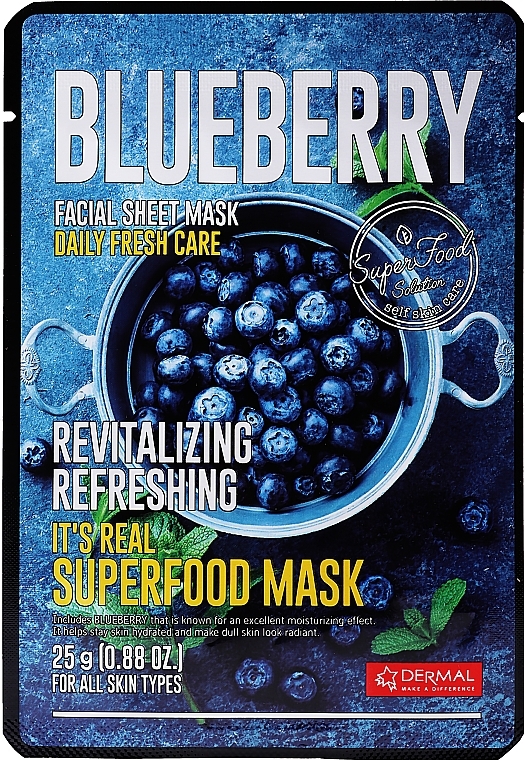 Antioxidative Anti-Aging Tuchmaske für das Gesicht mit Blaubeeren - Dermal It'S Real Superfood Mask Blueberry — Bild N1