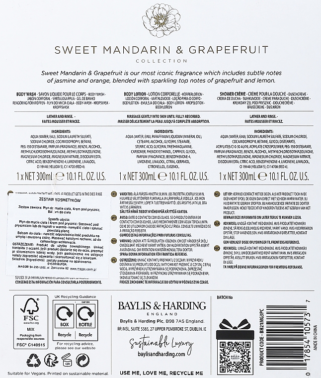 Körperpflegeset - Baylis & Harding Sweet Mandarine & Grapefruit (Duschcreme 300ml + Körperlotion 300ml + Duschgel 300ml) — Bild N3