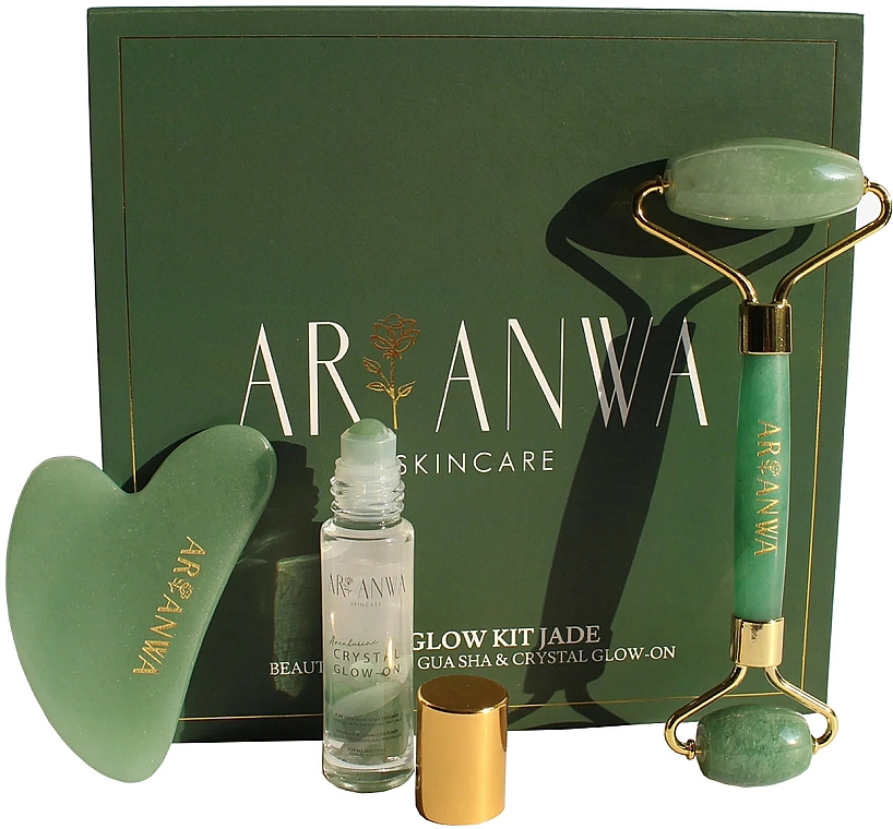 Gesichtsmassage-Set - ARI ANWA Skincare The Glow Kit Jade (Tonikum mit Bio-Rossenwasser 10ml + Massageroller aus Jade 1 Stk. + Gua Sha Massagestein aus Jade 1 Stk.) — Bild N1