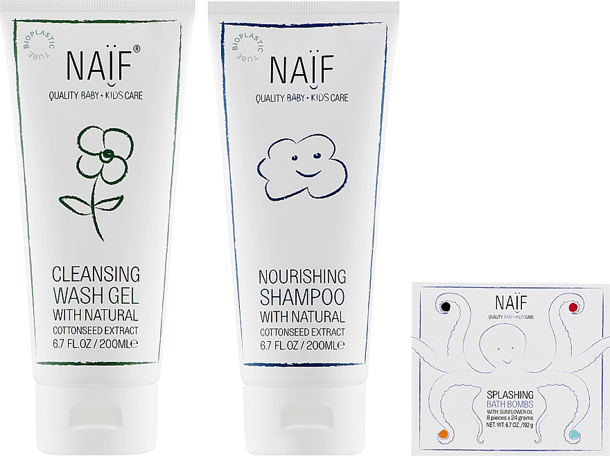 Haar- und Körperpflegeset für Babys - Naif Kids Essentials the Natural Gift (Waschgel 200ml + Shampoo 200ml + Bedebombe 8x24g) — Bild N2