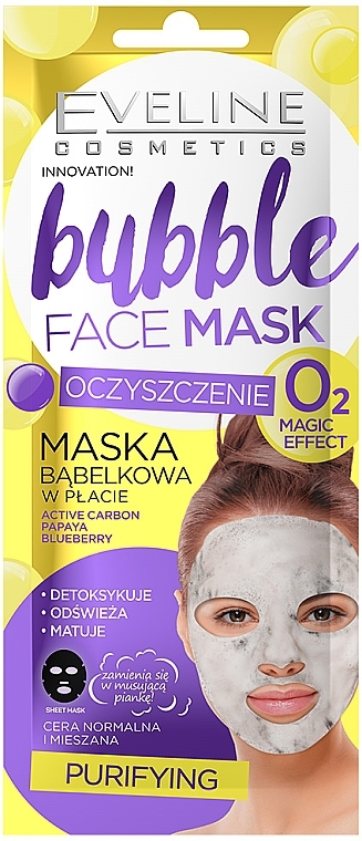 Reinigende und mattierende Tuchmaske mit Aktivkohle, Papaya und Heidelbeeren - Eveline Cosmetics Bubble Face Mask — Bild N1