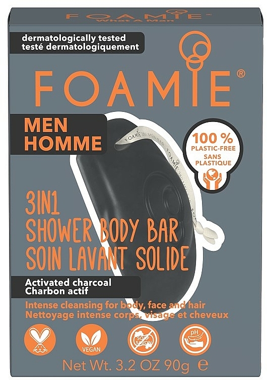3in1 Feste Duschseife für Gesicht, Körper und Haar mit Aktivkohle - Foamie 3in1 Shower Body Bar For Men What A Man — Bild N1