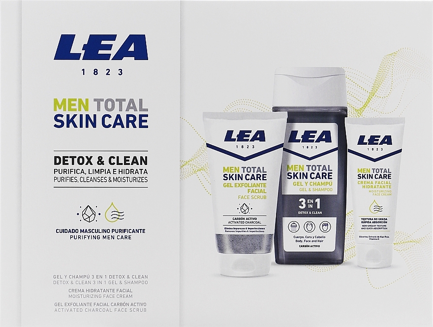 Gesichtspflegeset - Lea Men Total Skin Care Detox & Clen (Duschgel 300ml + Gesichtscreme 75ml + Gesichtspeeling 150ml) — Bild N1