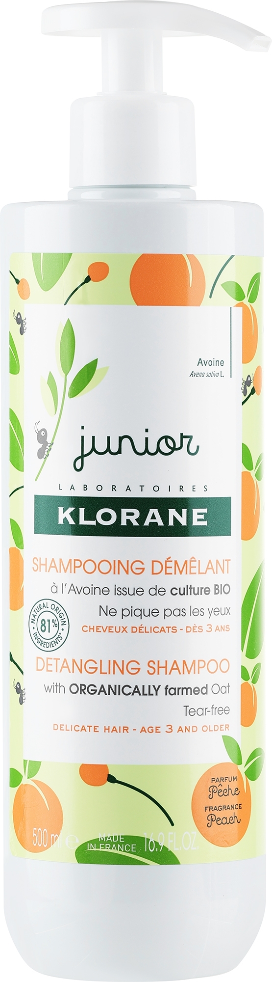 Weichmachendes Shampoo mit Hafer und Tränenbaum - Klorane Junior Peach Detangling Shampoo — Bild 500 ml