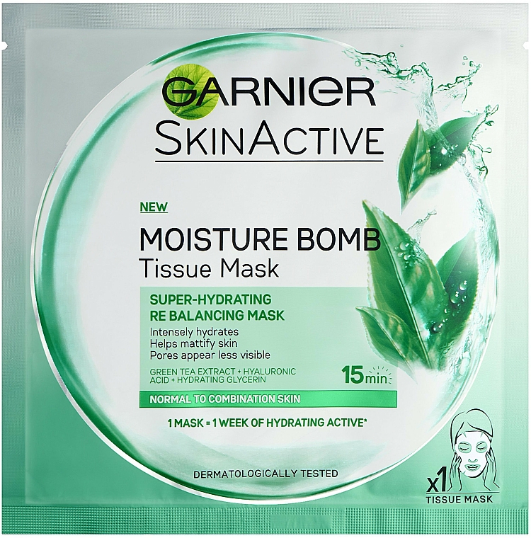 Feuchtigkeitsspendende Gesichtsmaske mit Grüntee-Extrakt und Hyaluronsäure - Garnier Skin Active Green Tea Moisture Bomb Eye Tissue Mask — Bild N1