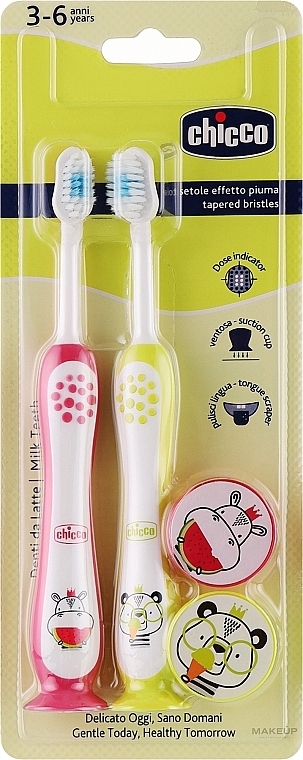 Zahnbürsten-Set mit Schutzkappe 3-6 Jahre rosa, gelb - Chicco Milk Teeth (toothbrush/2pcs)  — Bild N1