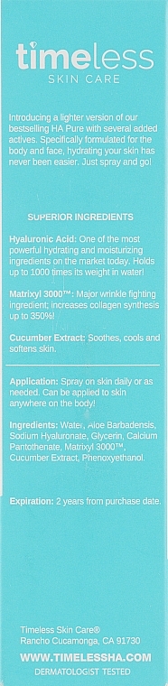 Erfrischender und feuchtigkeitsspendender Gesichtsnebel - Timeless Skin Care HA Matrixyl 3000 Cucumber Spray — Bild N3