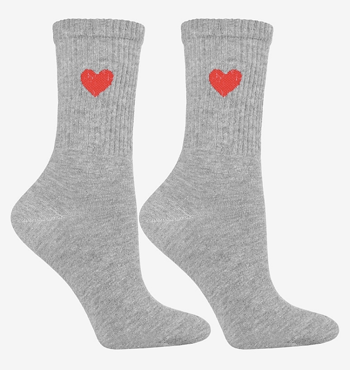 Lange Baumwollsocken für Frauen, rotes Herz, grau - Moraj — Bild N1