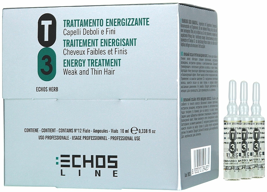 Behandlung gegen Haarausfall mit Sojaproteinen, Brennessel- und Rosmarinextrakt und Oligoelementen (Ampullen) - Echosline T3 Energy Treatment